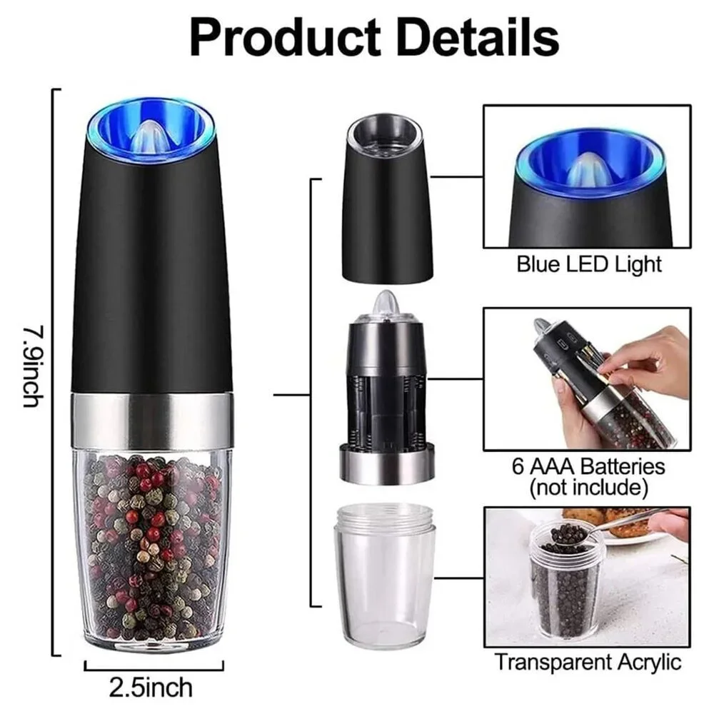 🔥2 Pack Gravity Electric Salt and Pepper Grinder Mill Shaker Adjustable Auto🔥
